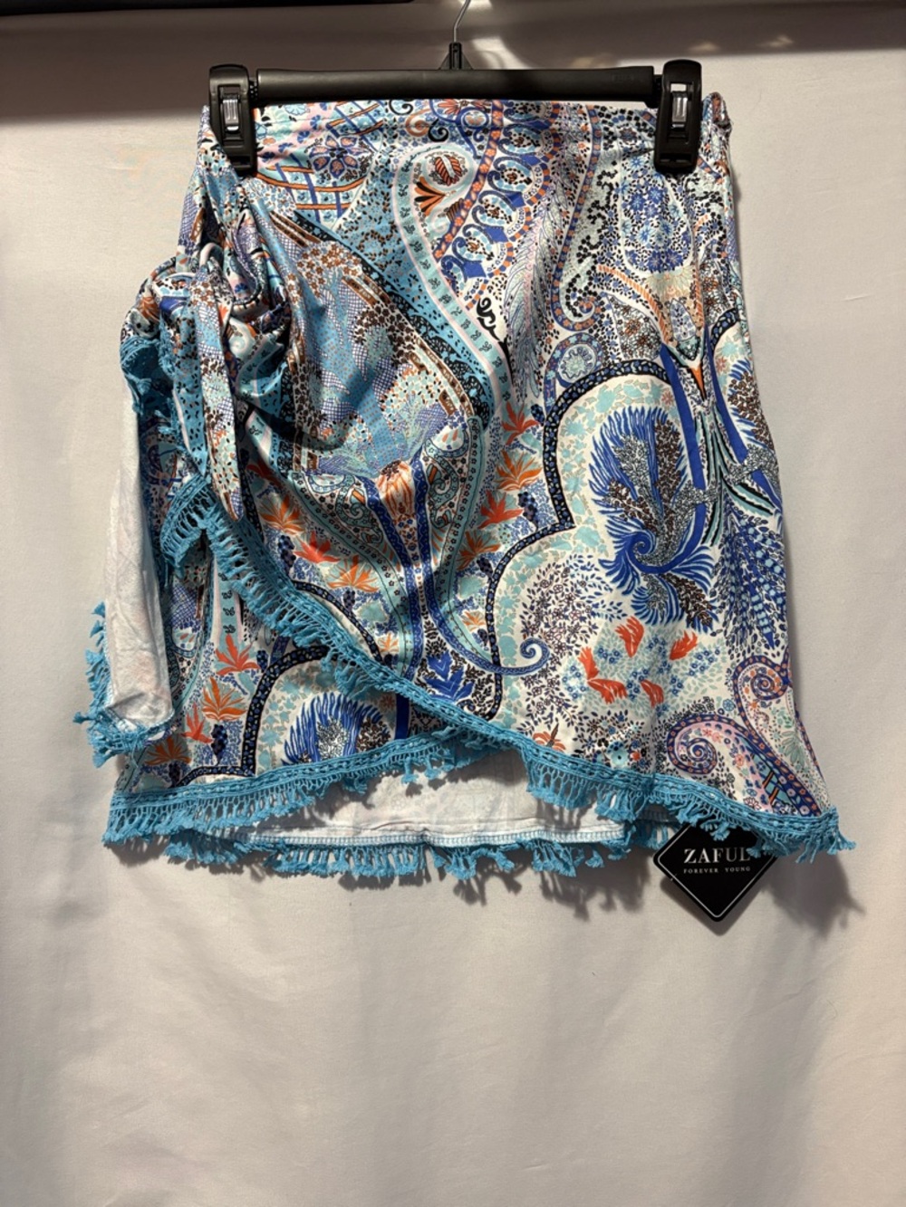 Zaful Blue Paisley Wrap Skirt with Teal Fringe
